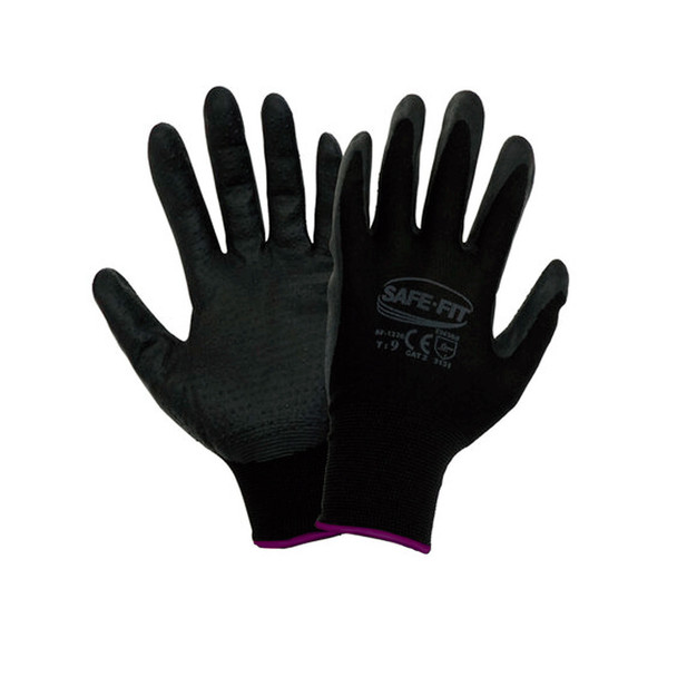 GUANTE ANTIDERRAPANTE DE POLIÉSTER/NITRILO CON PUNTOS NEGRO SAFE-FIT 1336 PAQ 12 PARES