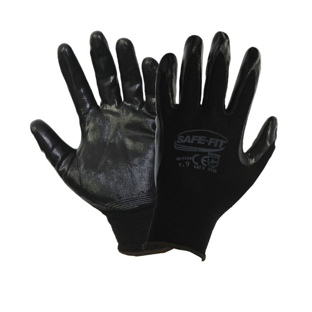 GUANTE DE NYLON NEGRO CON RECUBRIMIENTO DE NITRILO LAMINADO EN PALMA Y DEDOS, SIN COSTURAS SAFE FIT 1339