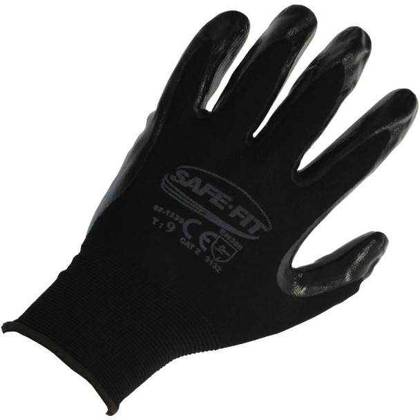 BLACK NYLON GLOVE WITH LAMINATED NITRILE COATING ON PALM AND FINGERS, SEAMLESS SAFE FIT 1339